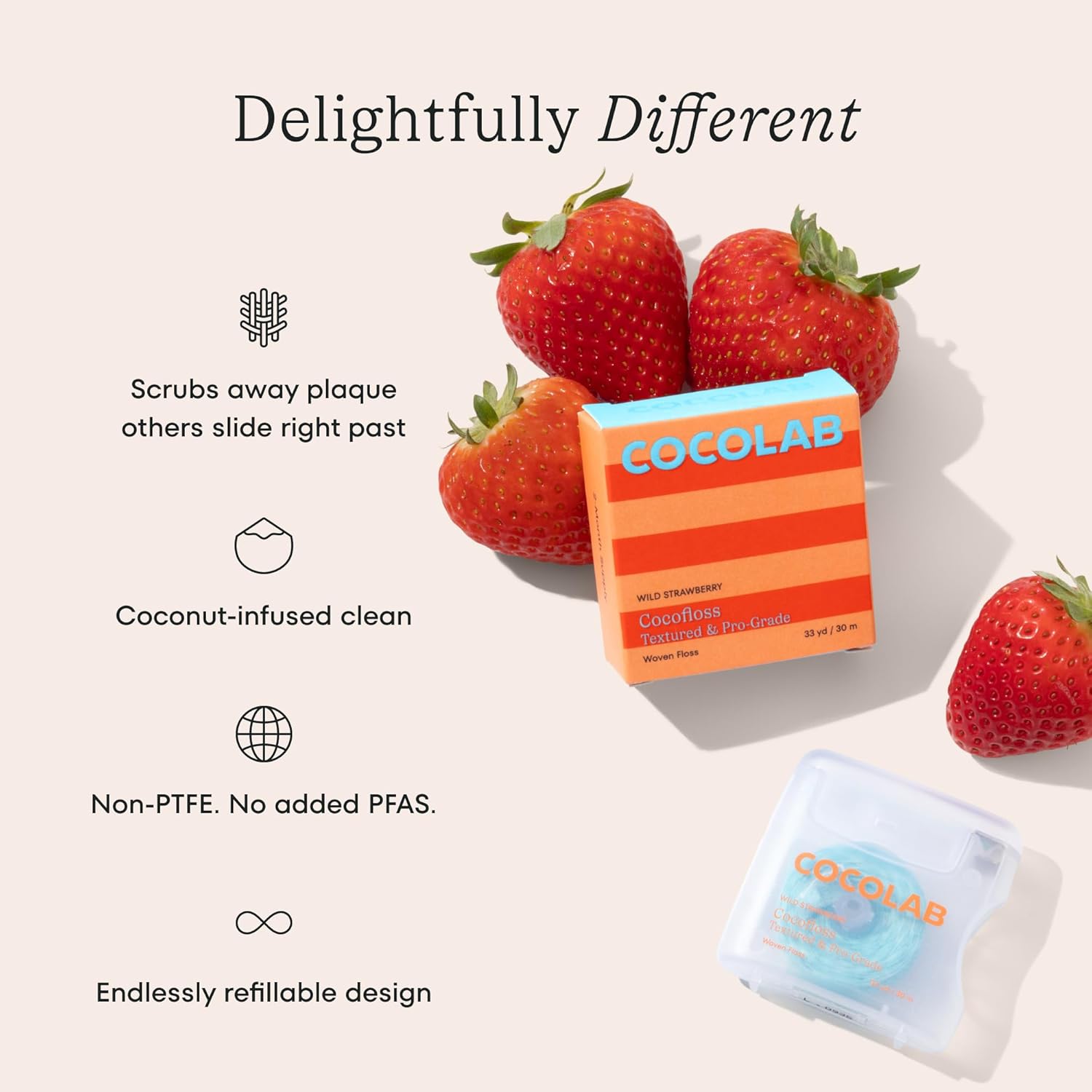 Cocofloss Woven Dental Floss, Dentist-Designed Oral Care, Strawberry Scent, Waxed, Expanding, Kid-Friendly String Floss with Coconut Oil, 4 Spools (33 yd Each)