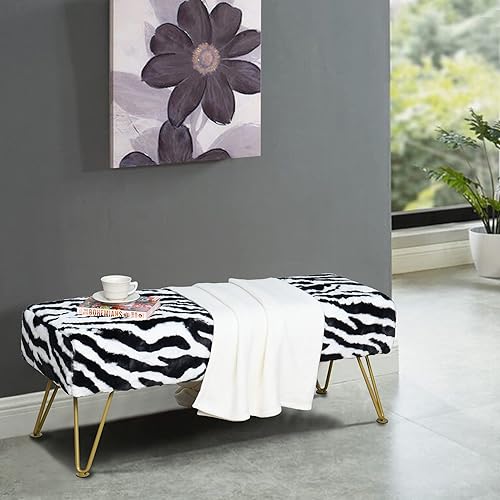 Miniatura 2 de Banco otomano largo rectangular de piel sintética con estampado de cebra, reposapiés suave y peludo, 46 x 16 x 17 pulgadas, banco de asiento