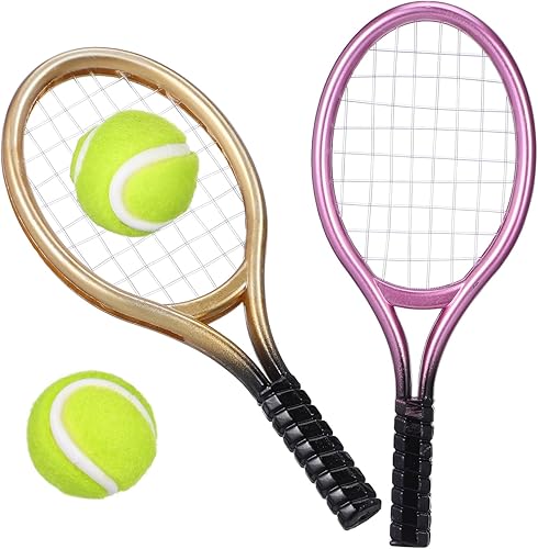 Garneck Juego de 2 raquetas de tenis en miniatura y pelota de plástico, mini raqueta de tenis en miniatura, equipo deportivo para decoración del