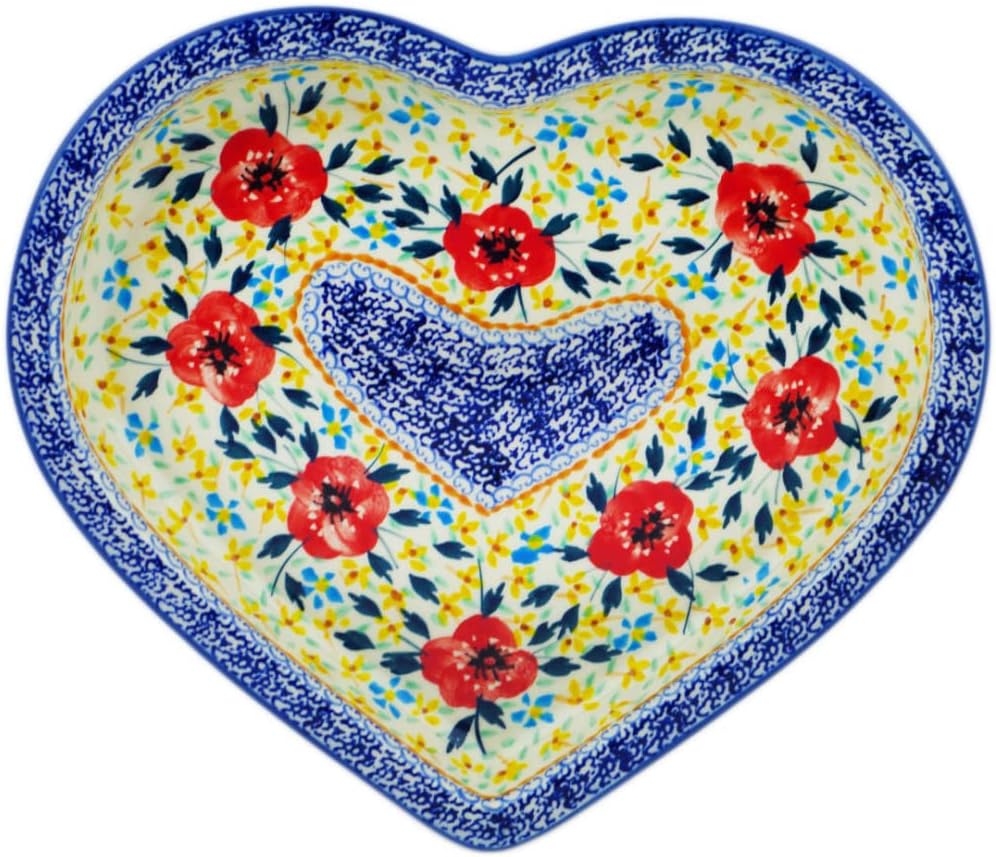 Polmedia Polish Pottery Heart Shaped Platter 9-inch UNIKAT - Rainbow Field Pattern Handmade in Boleslawiec Poland + Certificate of Authenticity