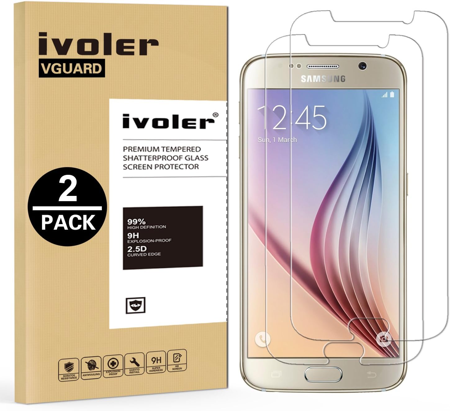 [2 Pack] iVoler [Tempered Glass] Screen Protector for Samsung Galaxy S6, [0.2mm Ultra Thin 9H Hardness 2.5D Round Edge