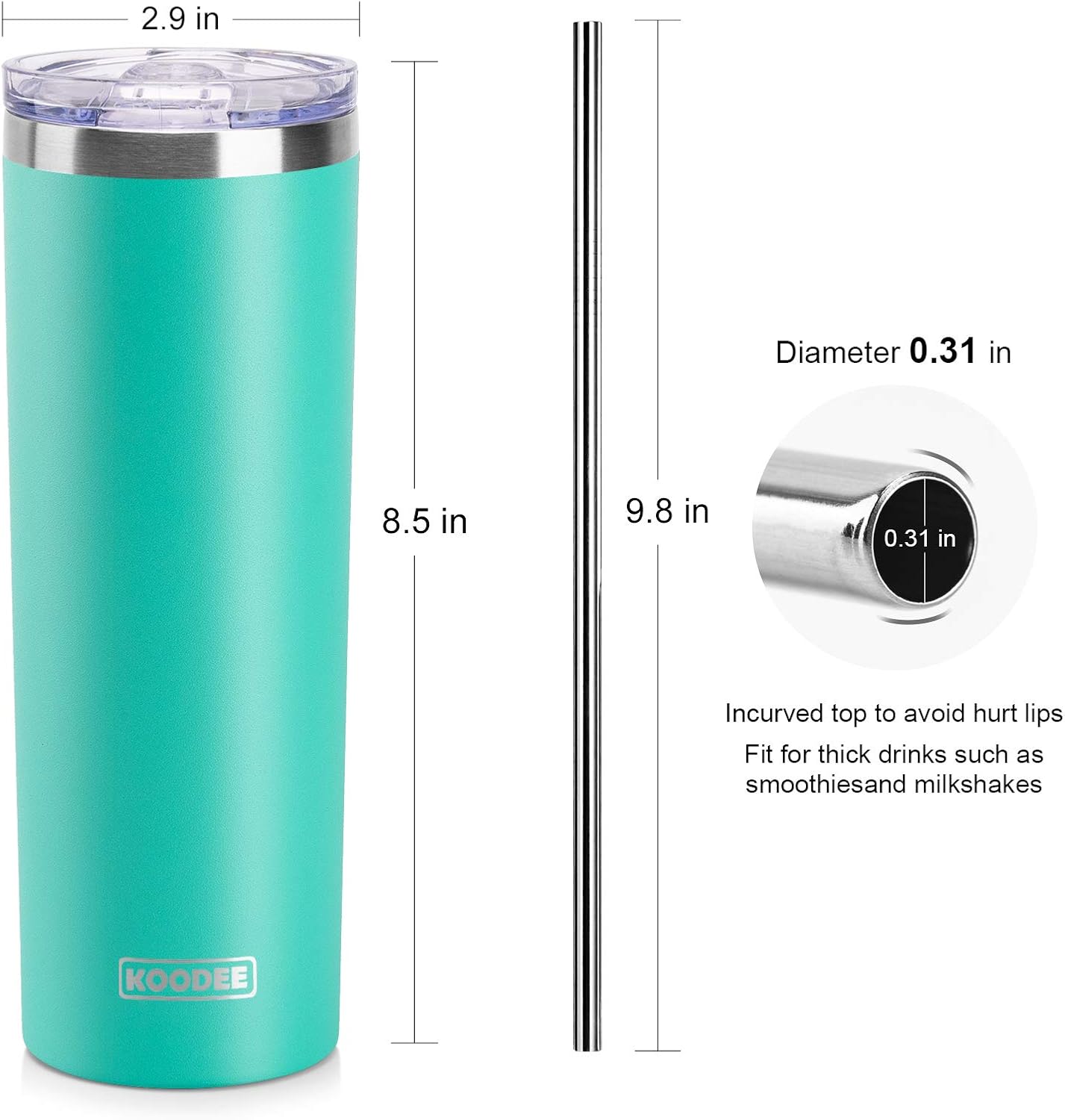 koodee 20 oz Skinny Tumbler (2 Pack) Stainless Steel Double Wall Insulated Water Tumbler Cup with Straw, Slim Travel Tumbler for Women Diy Birthday Gift (Teal-Pink)