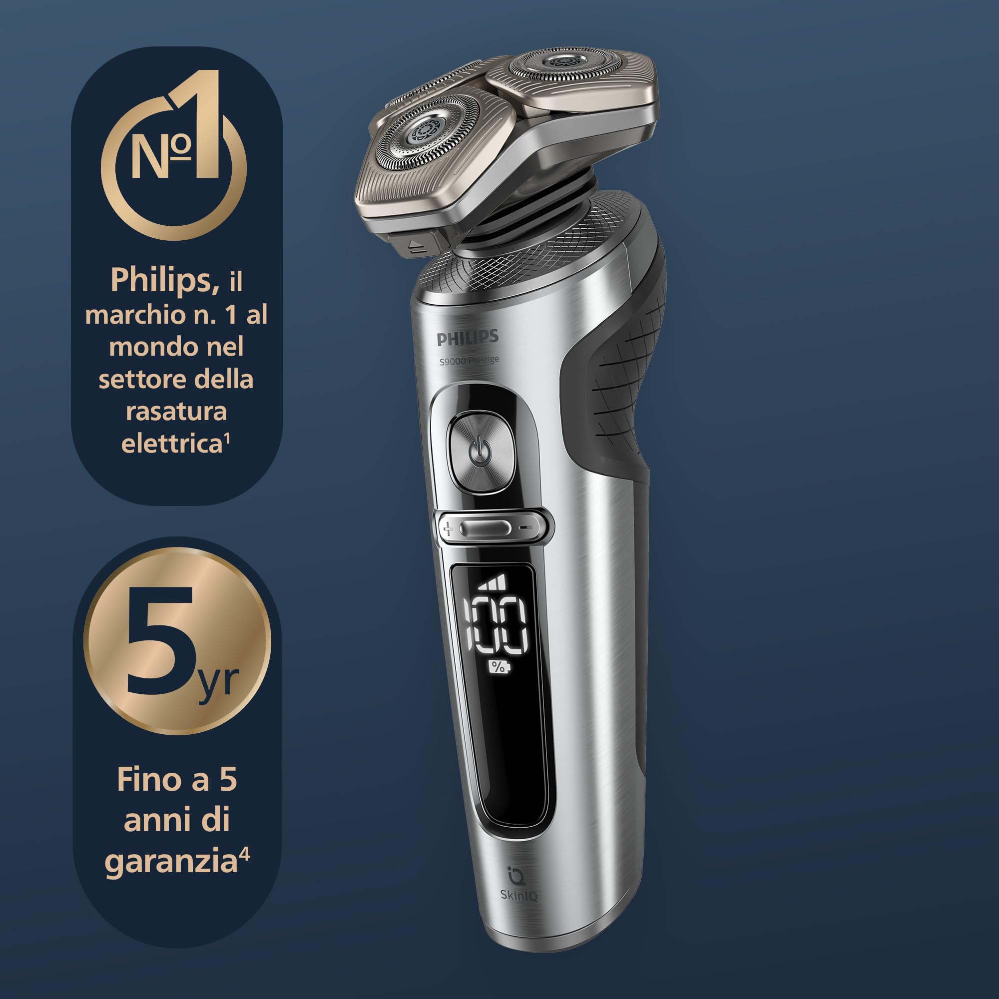 Philips Rasoio Elettrico Serie 9000 Prestige, secco e umido, cromo brillante, rasatura Lift & Cut, tecnologia SkinIQ, regolabarba, rifinitore per il naso, base di ricarica Qi, modello SP9885/35