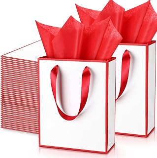 Yeaqee 50 Pcs Metallic Paepr Gift Bags Bulk with Handles,White Red | Tissue Paper Included, 9x7x16", Wedding Welcome Gift Bag for Guest, Goodies for Baby Shower Birthday Thank You Holiday Hotel