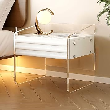 Modern 1-Drawer Simple Nightstand, Clear Acrylic Nightstand, Bed Side Table with Open Storage, Bedside Table Chest Of Drawer Telephone Table with Storage E