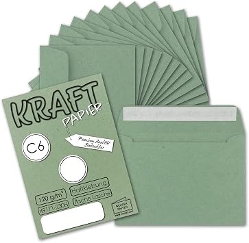 50x envelopes DIN C6 kraft paper - green - vintage recycling envelopes with self-adhesive - 114 x 162 mm
