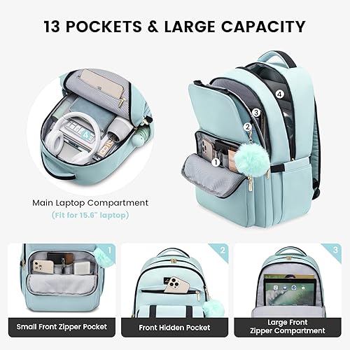 Miniatura 9 de LOVEVOOK Mochila para laptop para mujer bolsas de computadora de negocios para viajes de trabajo, Verde (Mint Green), Mochila