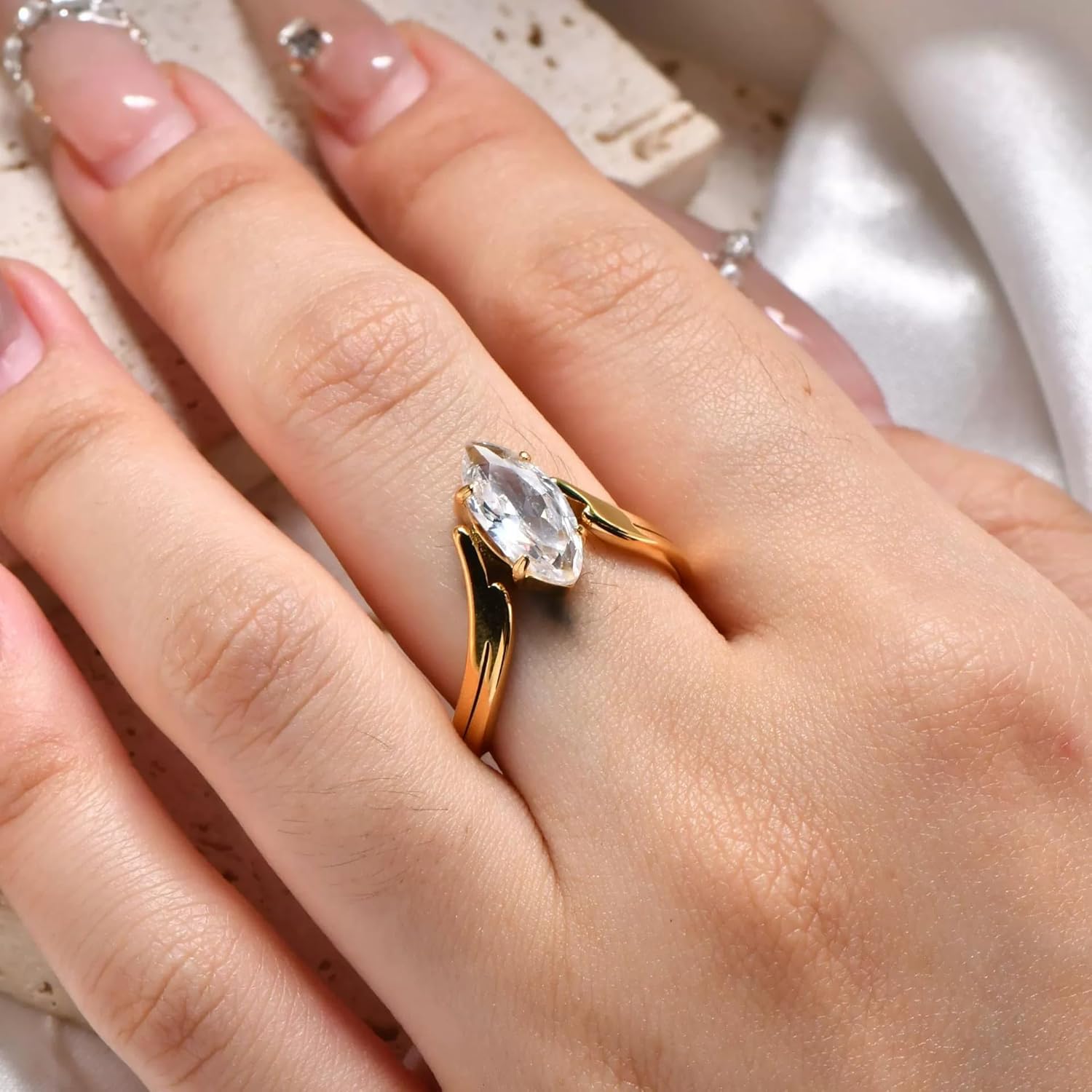 Chunky Gold Rings For Women, Trendy Stainless Steel Non Tarnish Rhinestones Ring Stackable Bling Stackable Crystal Stone Engagement Wedding Promise Couple Jewelry Gift - Image 2