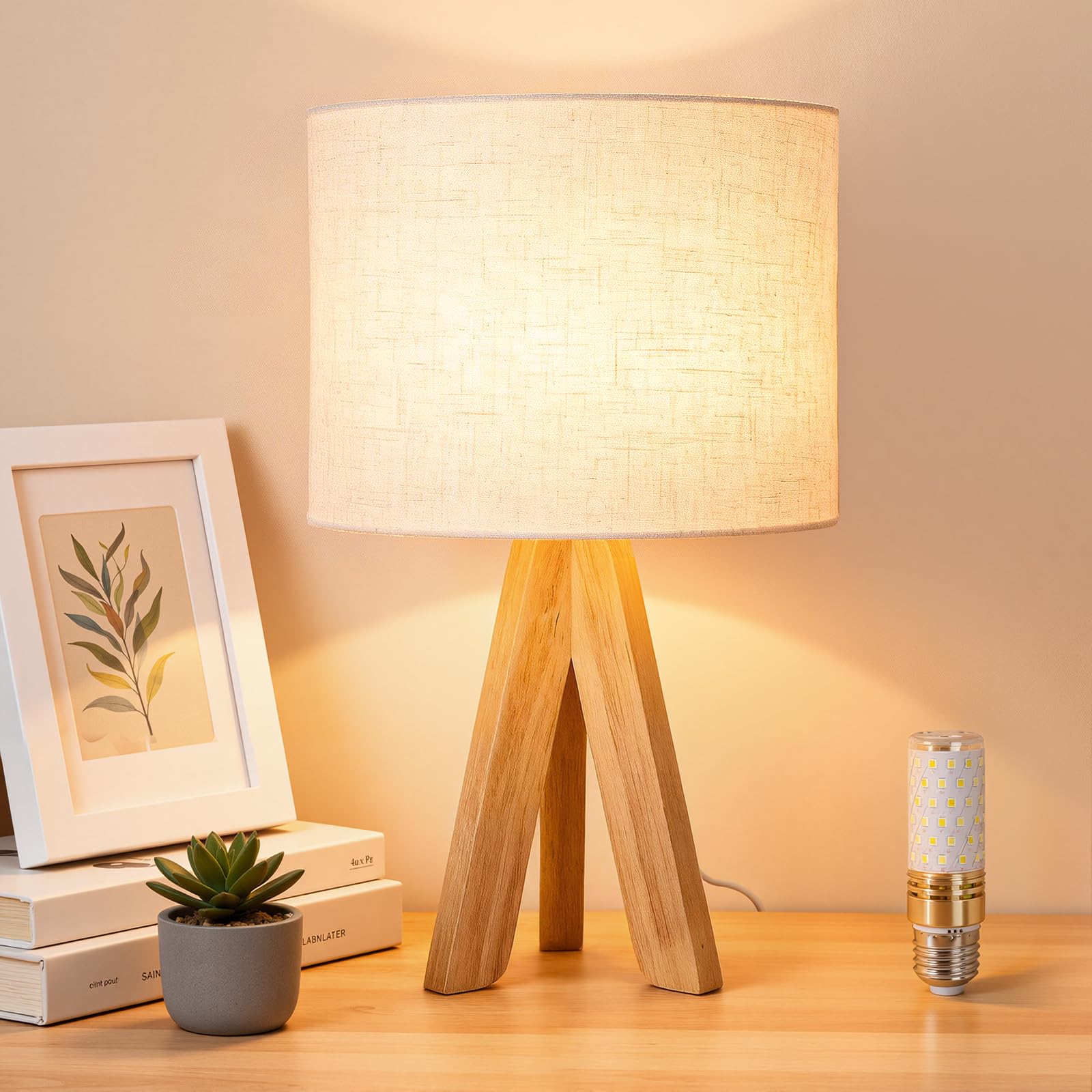 Warmiehomy 37cm Wooden Table Lamp, Modern Simple Tripod Bedside Lamps with Beige Fabric Shade, Button Switch, 4W E27 Warm Light Lamp for Living Room, Bedroom, Bed Side Lounge (Bulb Included)