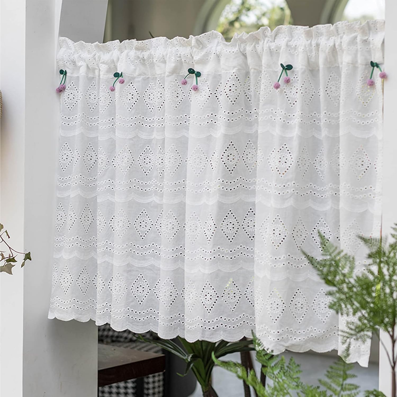LUNEZY Window Treatment Tiers Curtain Kitchen Curtains,Short Cafe Curtains for Small Window,White Embroidery Short Curtain,Bistro Curtain for Kitchen Bedroom Country Style,Translucent Hal
