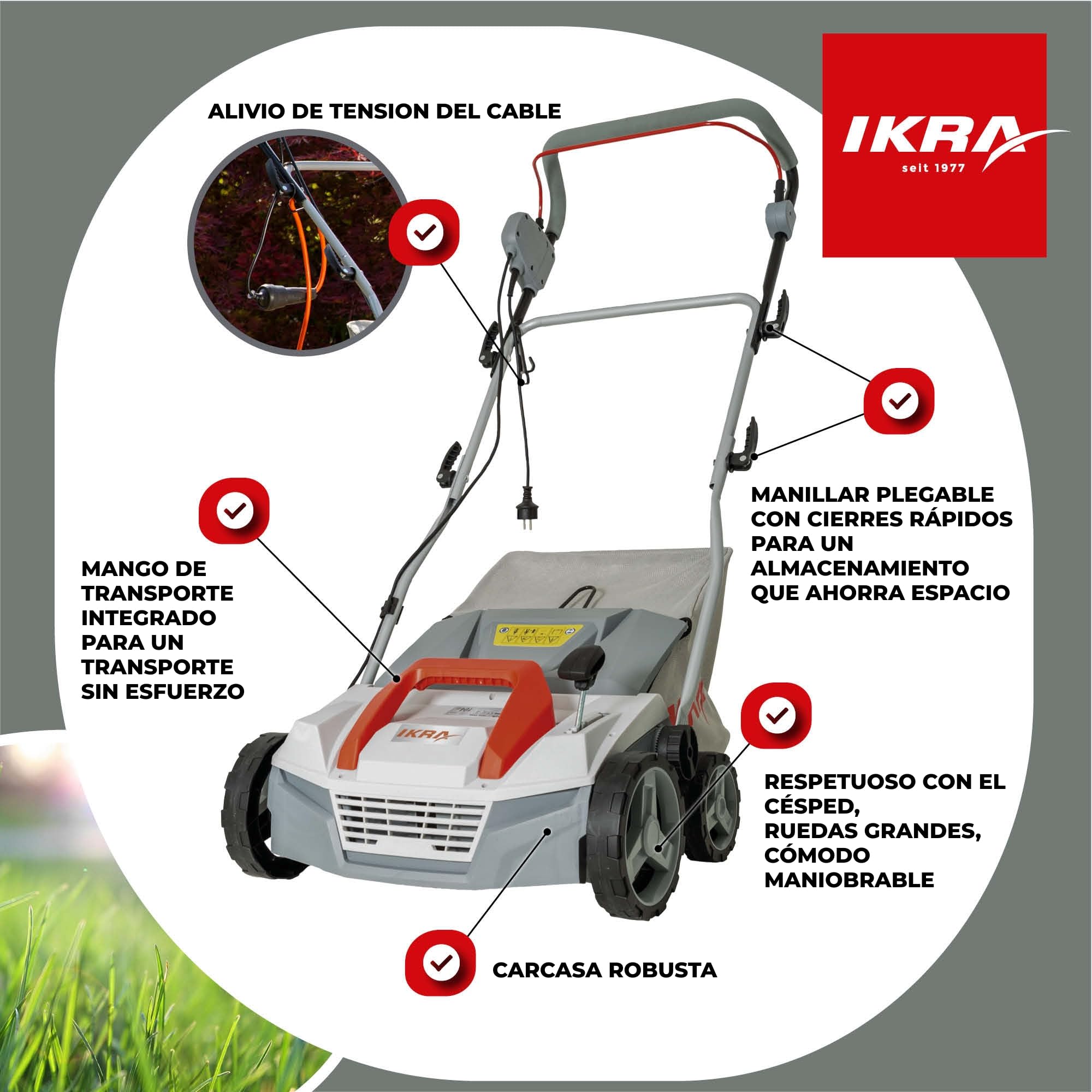 IKRA escarificador y aireador eléctrico IEVL 1838, saco coletor 40l, largo de trabajo 38cm, 1800W