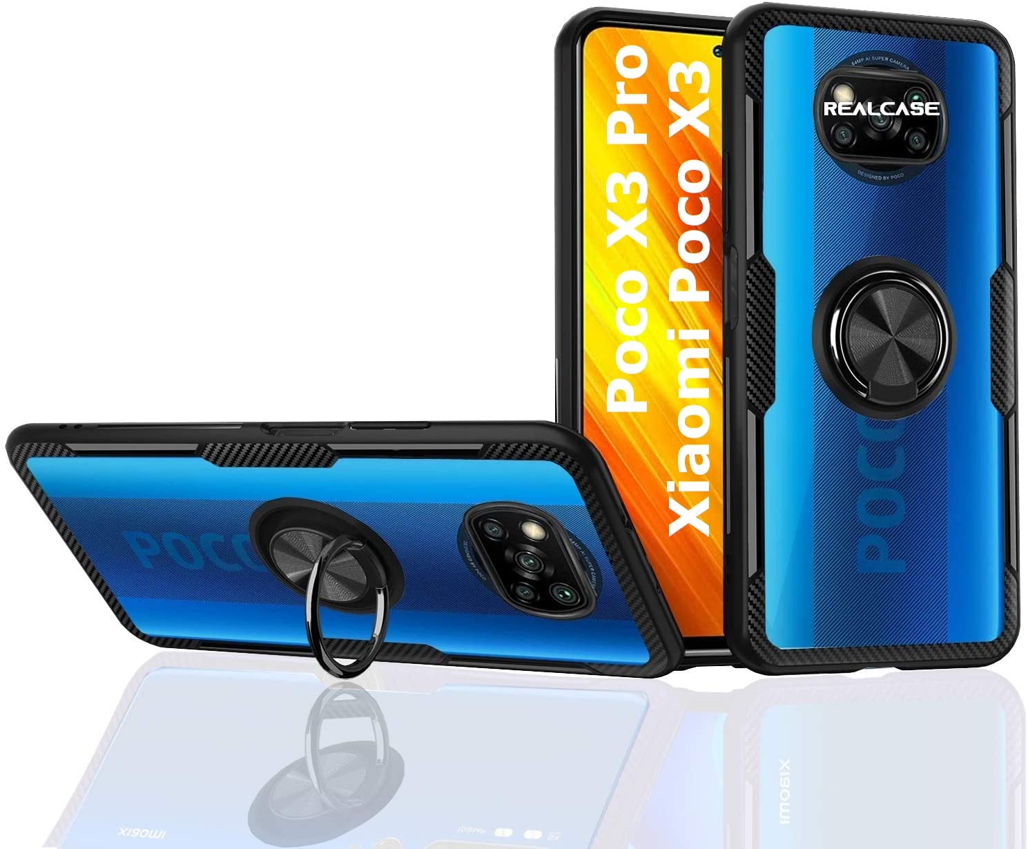 REALCASE Poco X3 / X3 Pro Carbon Fibre, TPU Back Cover Stylish, Hybrid Carbon Fiber Shock Resistant Bumper, Crystal Clear Transparent Back with Ring Case Back Cover For Xiaomi Poco X3/ X3 Pro (Black)