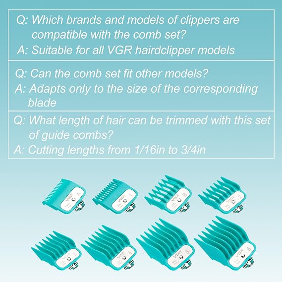 VGR 891 8-Piece Hair Clipper Guide Combs with Metal Clips and Rack | Sizes 1/16-3/4 in (1.5-19mm); 8 precision guards; secure metal clips; storage rack