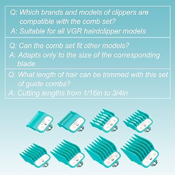 VGR 891 8-Piece Hair Clipper Guide Combs with Metal Clips and Rack | Sizes 1/16-3/4 in (1.5-19mm); 8 precision guards; secure metal clips; storage rack