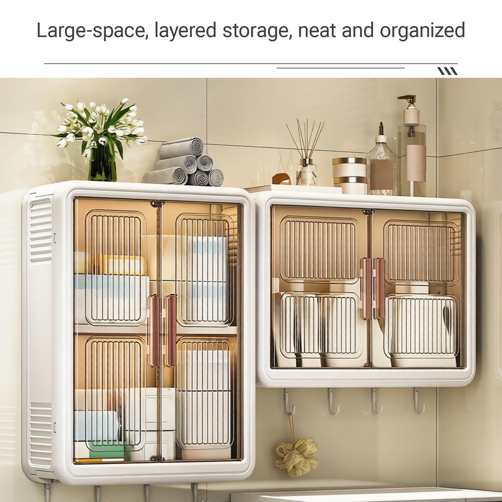 Armoire à Pharmacie Murale avec Portes, Meuble de Salle de Bain Suspendu sans Perçage, Petit Rangement WC avec Étagères Réglables et Crochets(43 * 13 * 32cm/16.9 * 5.1 * 12.6in)