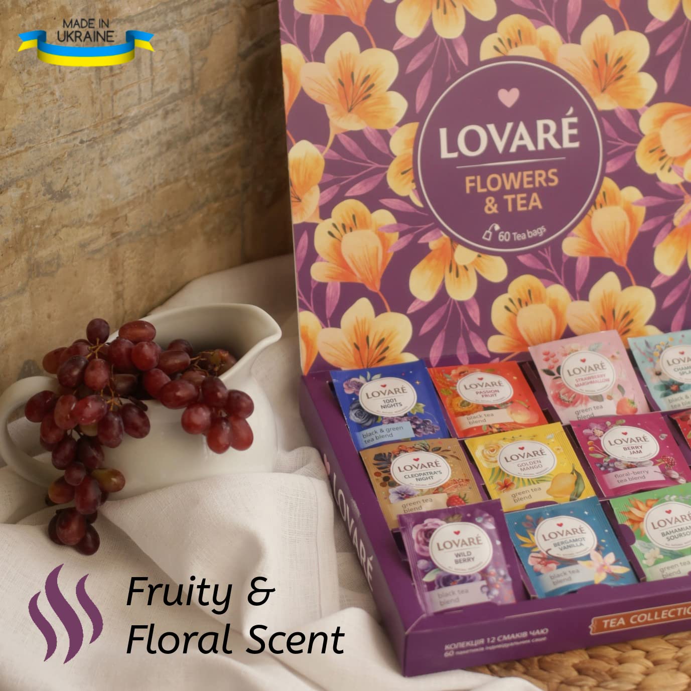 Tea Set By Lovare Made in Ukraine - Black and Green, Fruit, Lavender, Peach Assorted Tea Samplers - Fancy Variety of Tea Packets - Gift Box For Flavored Tea Lovers Men & Women - 60 bags - 12 tastes : Grocery & Gourmet Food
