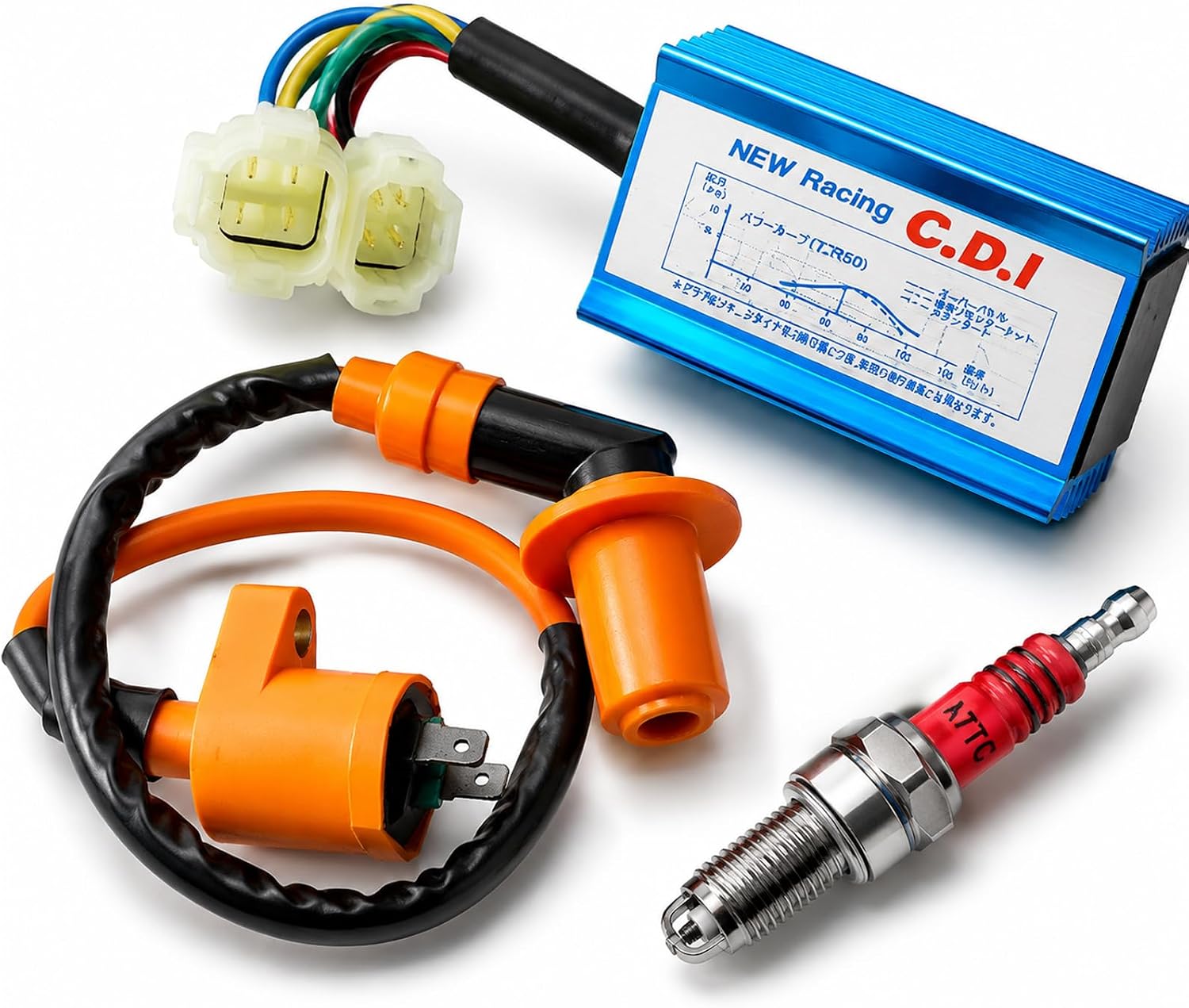 High Performance Racing GY6 Ignition Coil 6 Pin AC CDI Box +3 Electrode Spark Plug Kit for 50cc 125cc 150cc Moped Scooter ATV Go Kart