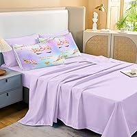 Vista 3 de Juego de sábanas de edredón de unicornio morado, tamaño matrimonial, 8 piezas, cama en una bolsa con 1 edredón, 4 fundas de almohada, 1 sábana