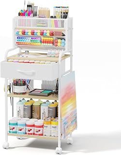 Art cart, 3 Tier Rolling Cart - Utility Cart with Storage Drawer and Wheels, Versatile Art & Craft Organizer for Home, Office, or Studio Ideal for Storing Brushes, Paints ( White)
