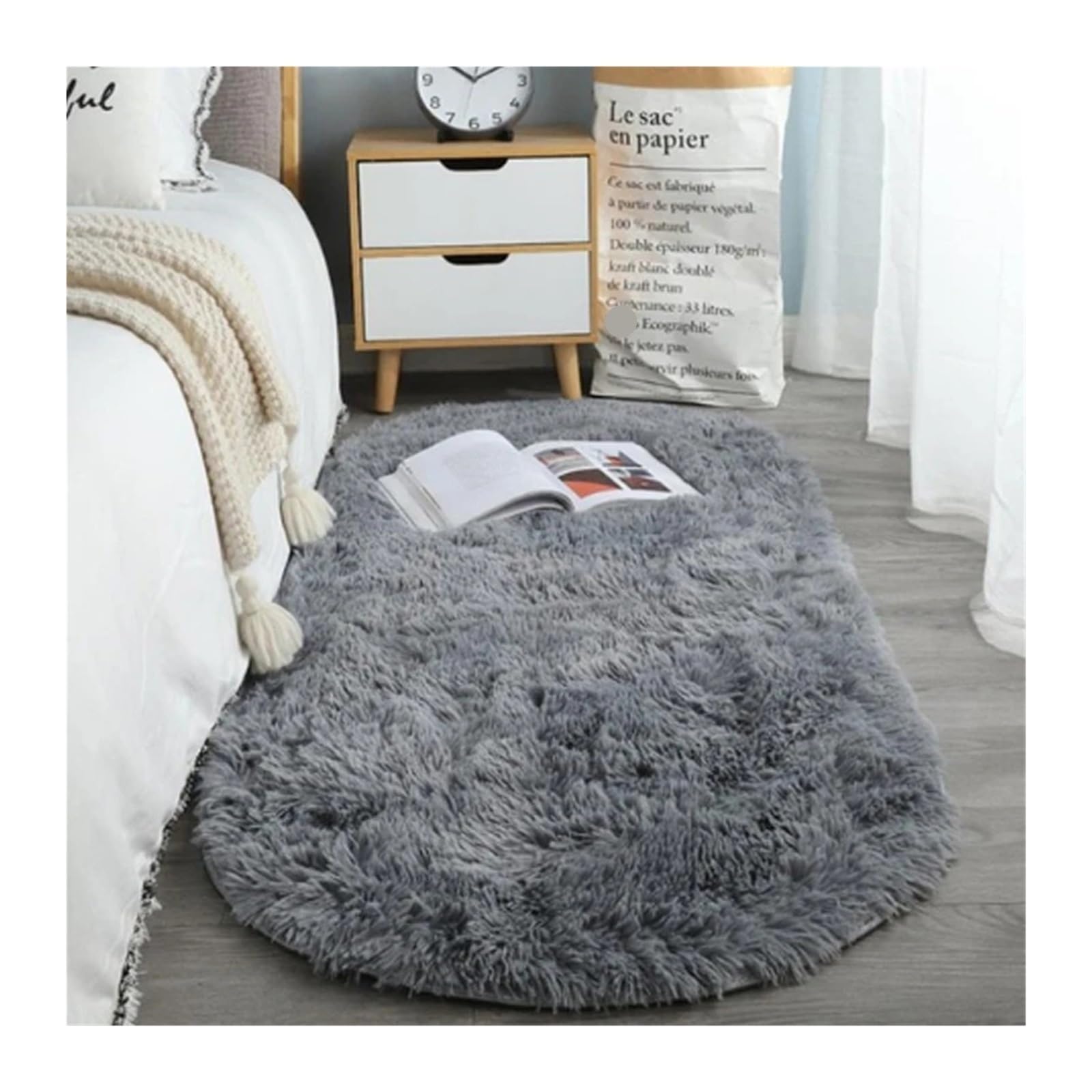 Tapis de salon épais gris duveteux pour descente de lit enfant et ado
