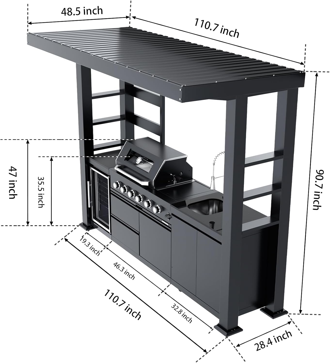 Outdoor Kitchen Island with Hard Top Grill Canopy, 4-Burner 72000 BTU Propane Gas Grill, Storage Cabinets & Drawers & Fridge, BBQ Grill Roof for Outdoor Patio, Lawn, Garden, Backyard, Black
