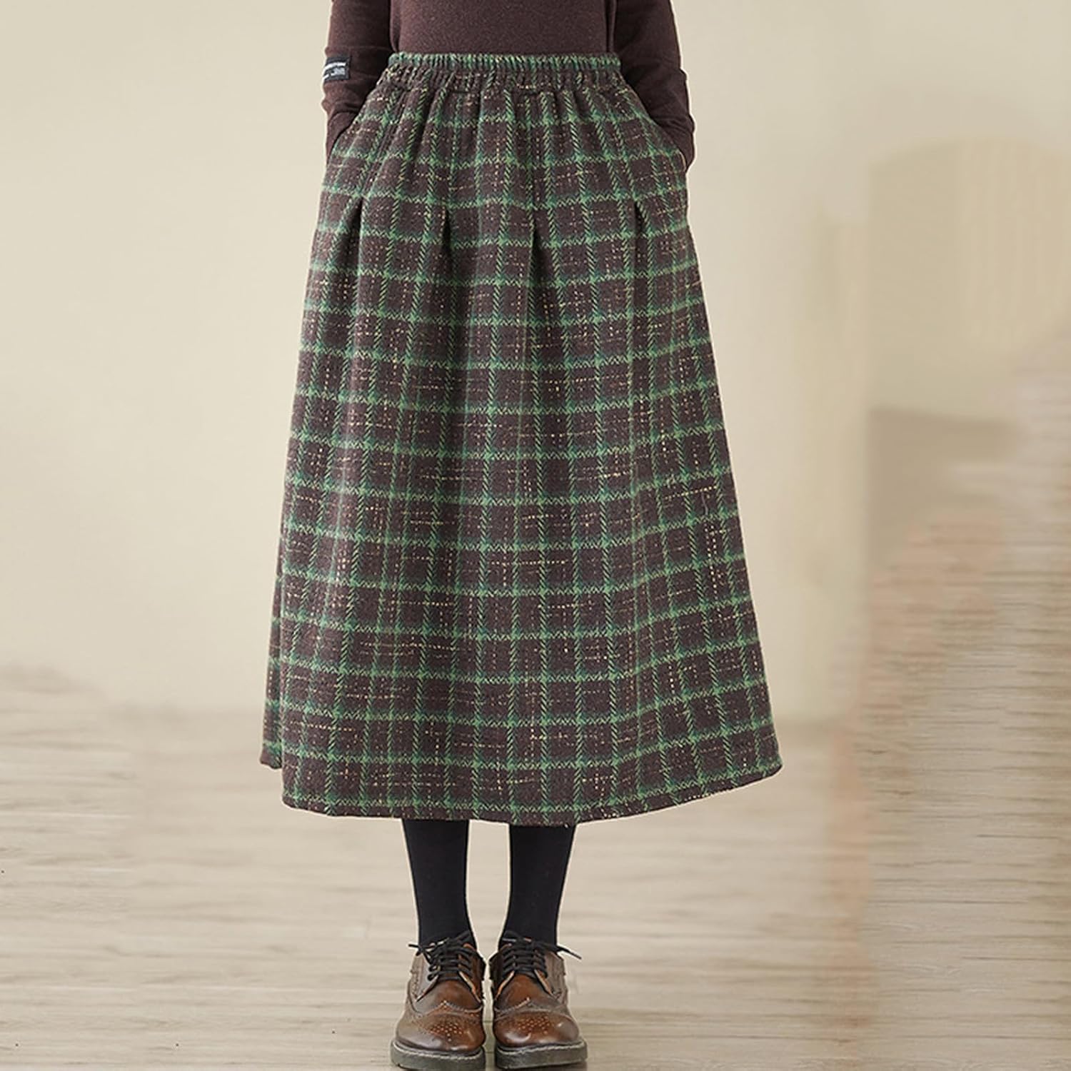Wool Plaid Midi Skirt for Women - High Waist A-Line Skort with Elastic Waist, Tartan Skirts for Office and Casual