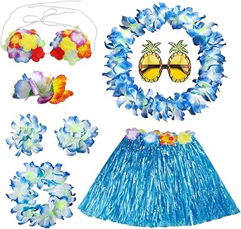 PHOGARY 8 PCS Hula Skirt Costume Accessory Kit Luau Party Dress Up for Girls, Hawaiian Hula Dancing Skirt Set