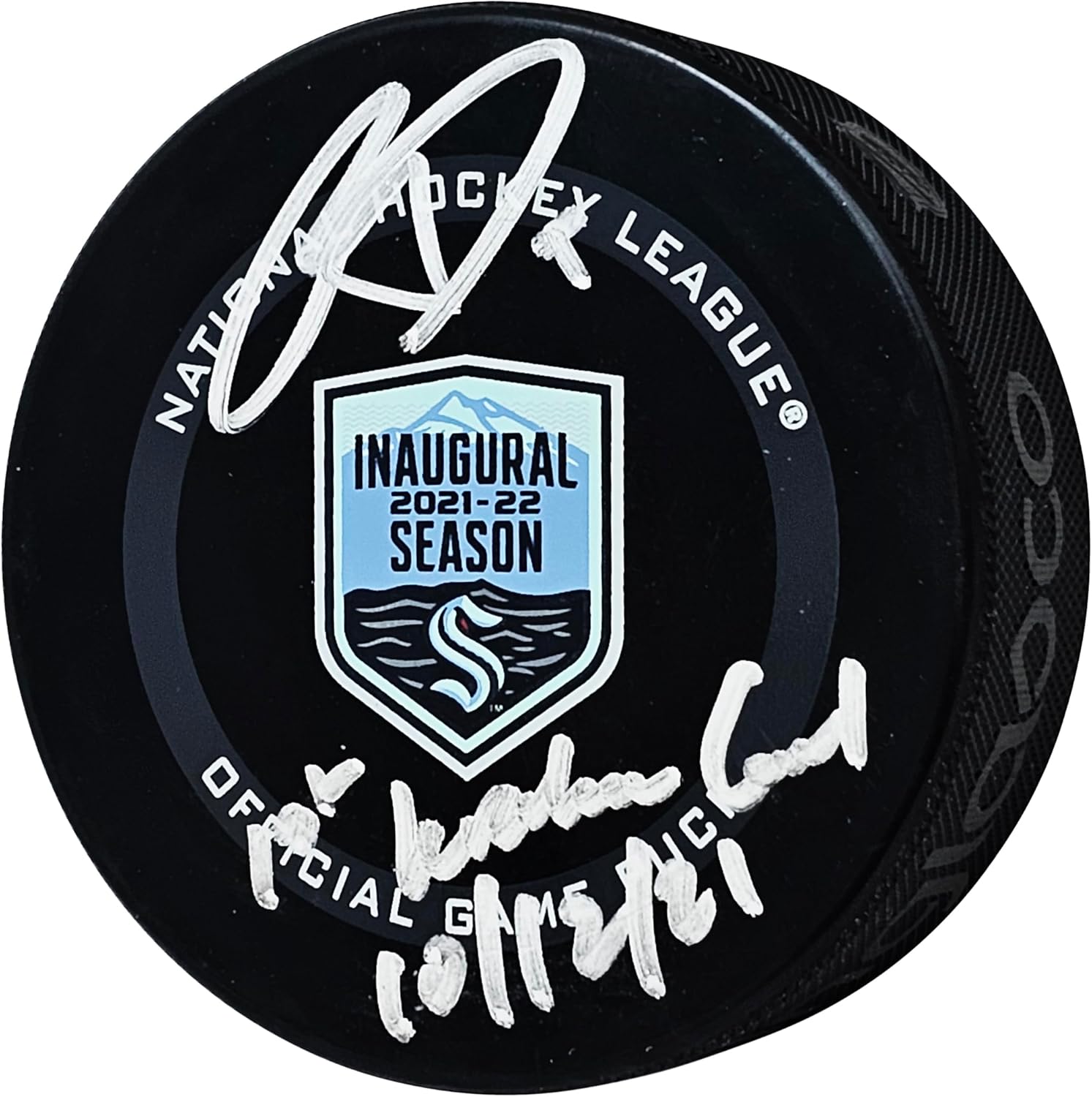 Ryan Donato Autographed Official Seattle Inaugural Season Game Logo Hockey Puck "First Kraken Goal 10/12/21" Fanatics Holo Stock #218711