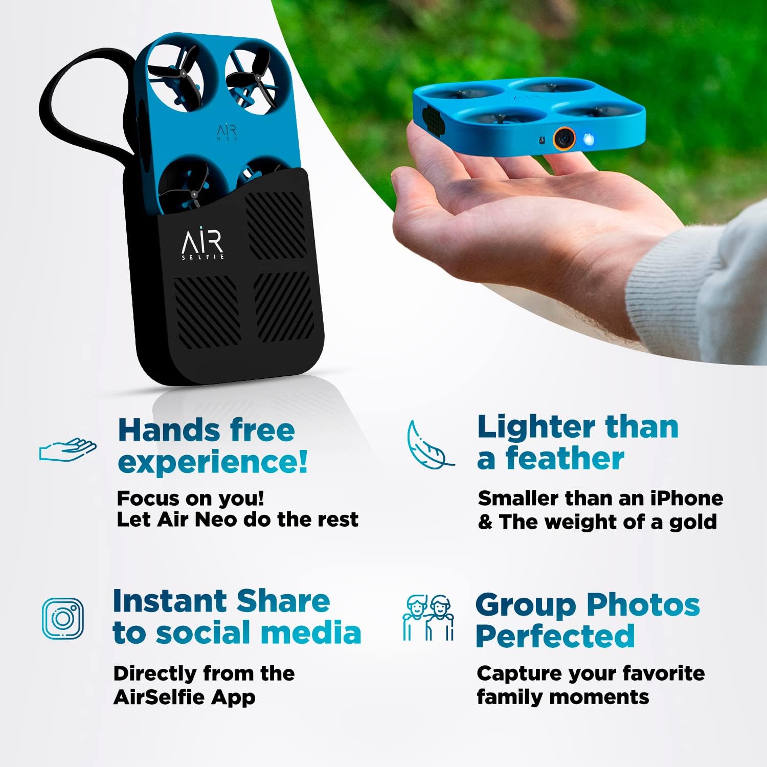 Air Neo Selfie Drone Mini Drone with Camera for Adults, Beginners, Kids, 2K Camera, AI-based Auto Flight & Capture, Hands-free, App Navigation, Micro Drone with Silicone Power Bank Sleeve