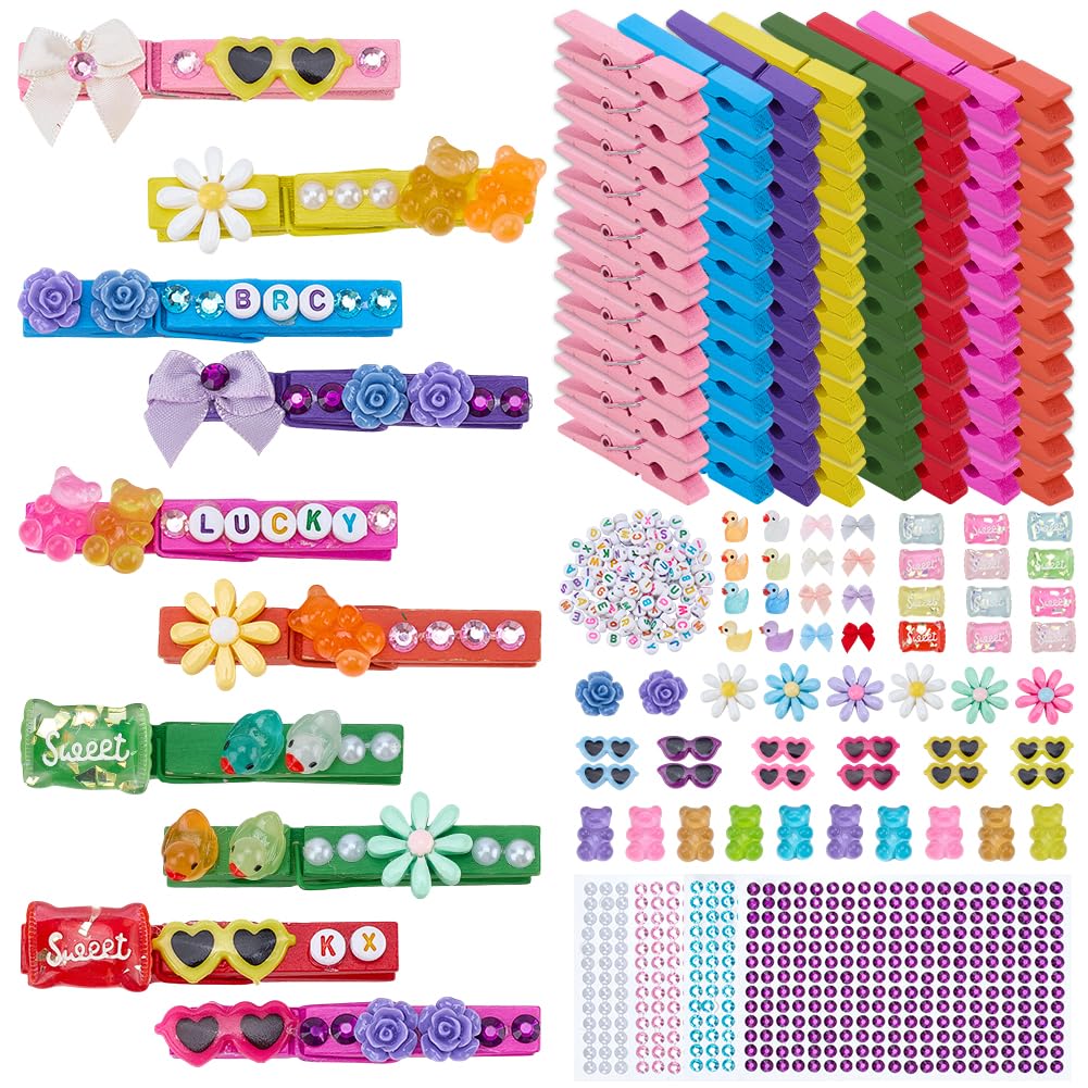 WEBEEDY 80 Sets DIY Cheer Pins Craft Kit with 80 Colored Wooden Spirit Clips, 126 Mini Ducks Bears Bows Flower Candy Decoration, 80 Beads, Stickers for Backpacks Cheerleading Decor Team Activities