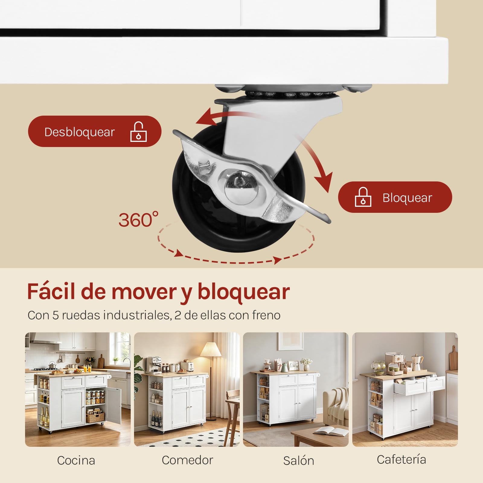 WOLTU Isla de Cocina con Ruedas, Carrito con Encimera Plegable y Estante Lateral, Aparador de Madera con 2 Cajones, 2 Puertas y 1 Toallero, para Cocina, Comedor, Roble Claro + Blanco