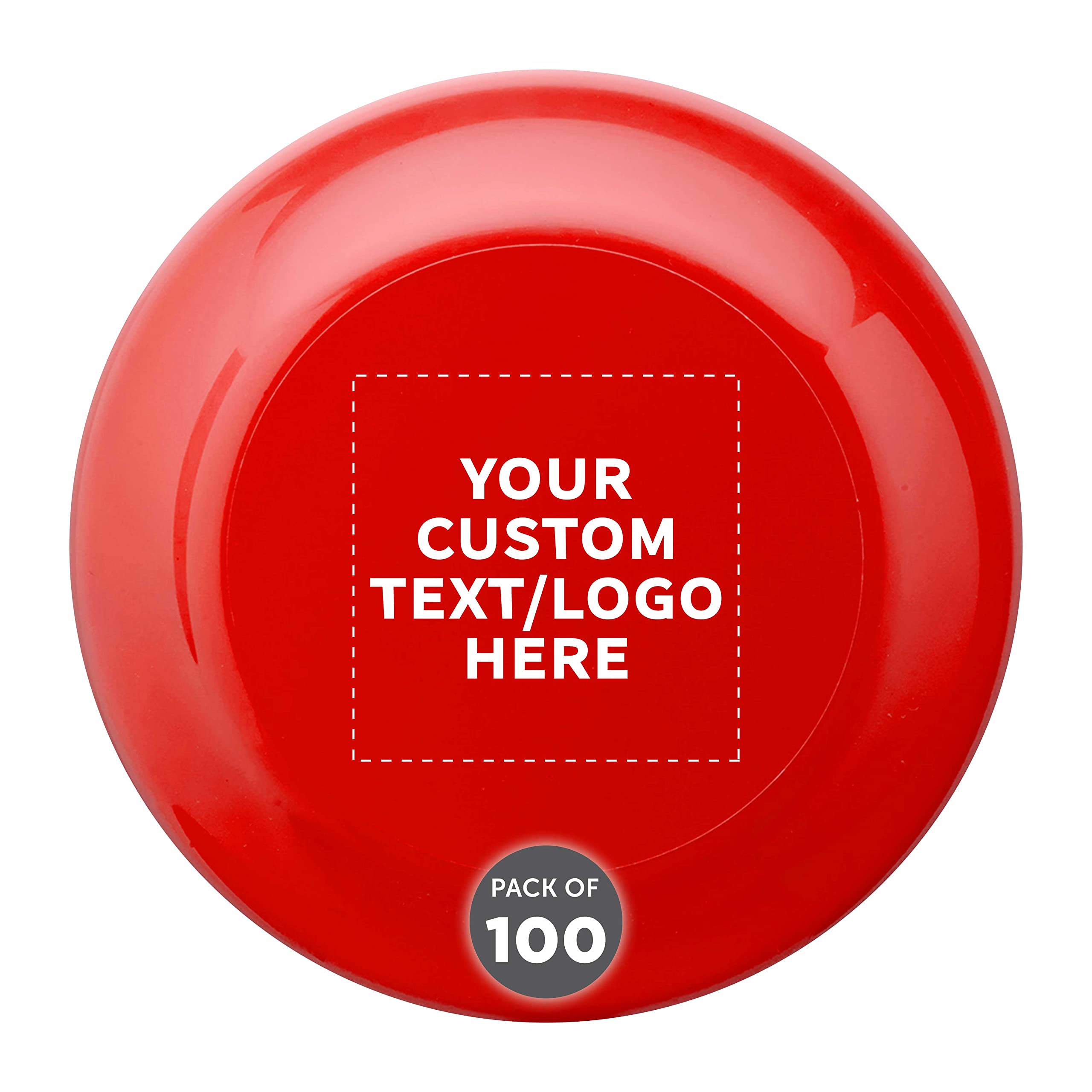 DISCOUNT PROMOS Custom Frisbees 9.25 inch. Set of 100, Personalized Bulk Pack - Fun Outdoor Games for Adults and Family - Red
