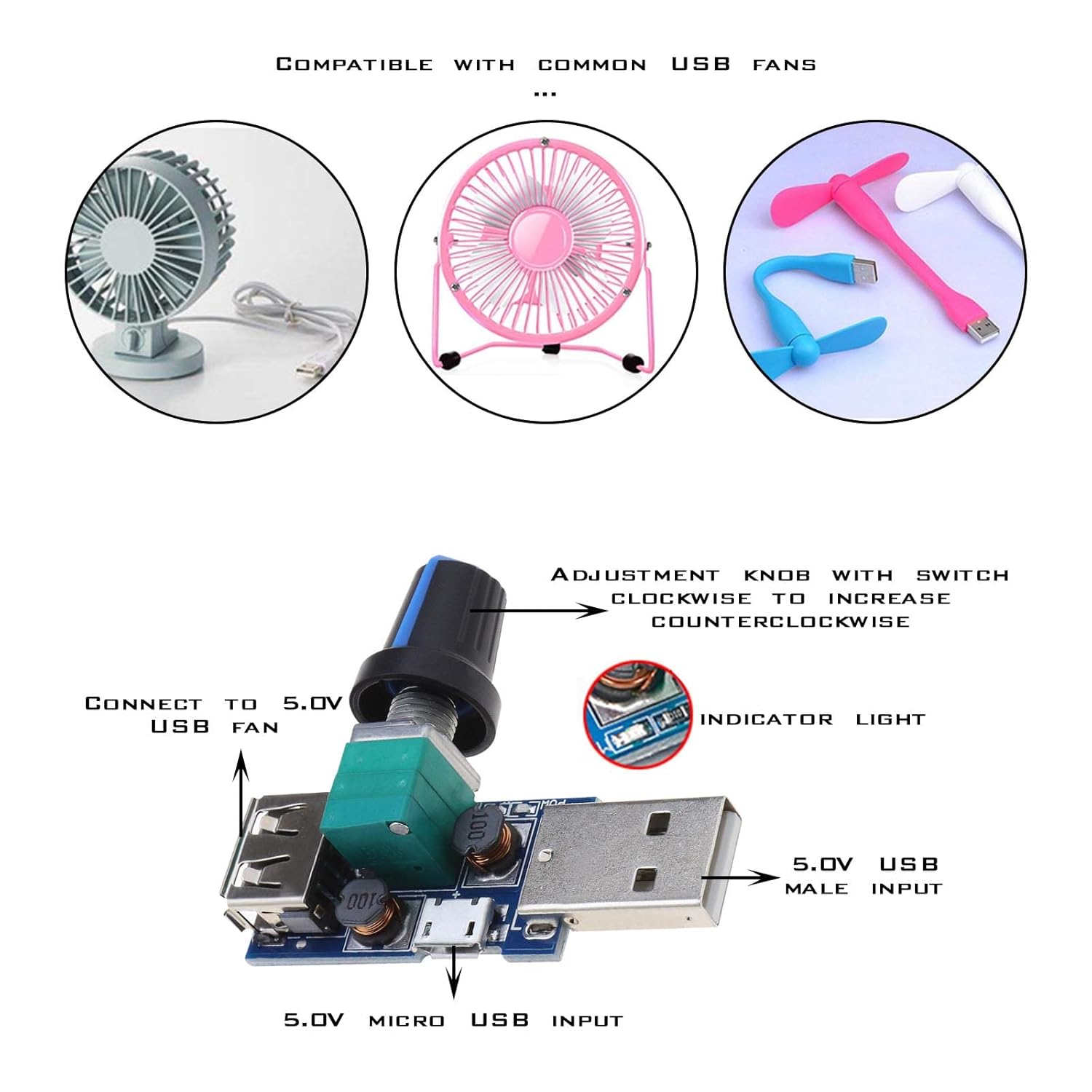 3pcs USB Fan Speed Controller 5W USB Fan Stepless Speed Controller DC