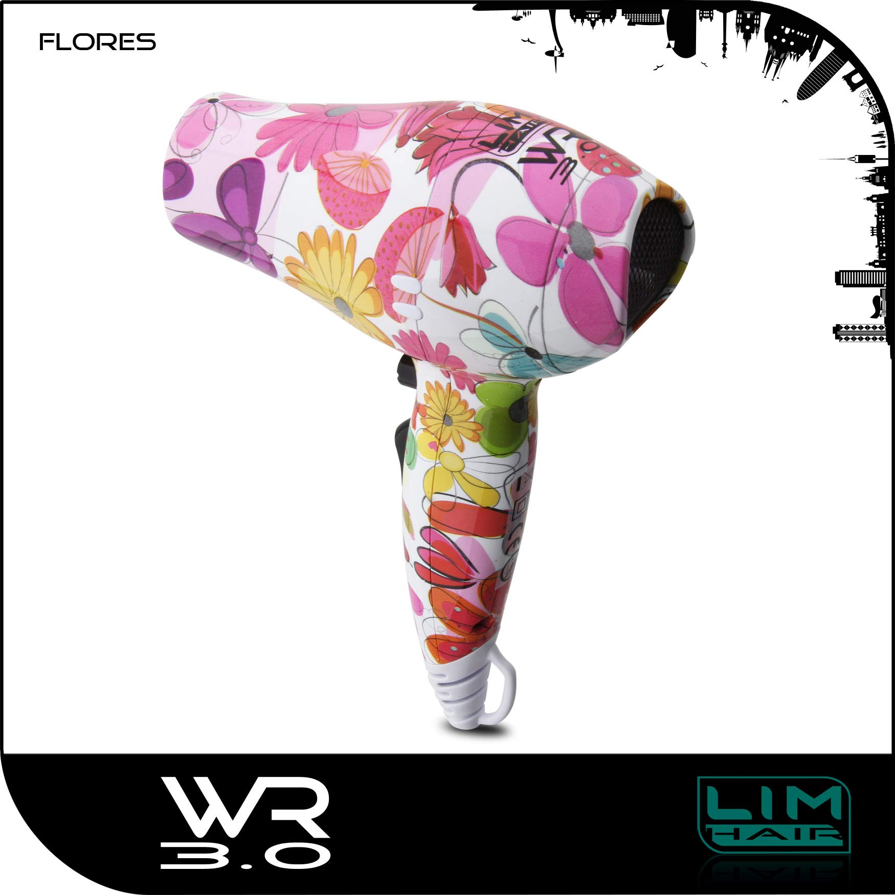 Secador de cabello LIM HAIR WR 3.0 para viaje, gimnasio o para cada día. 1200 W, boquilla, difusor y bolsa incluida. Tamaño reducido mini. Secador o W'21 PACK (FLORES, SECADOR)