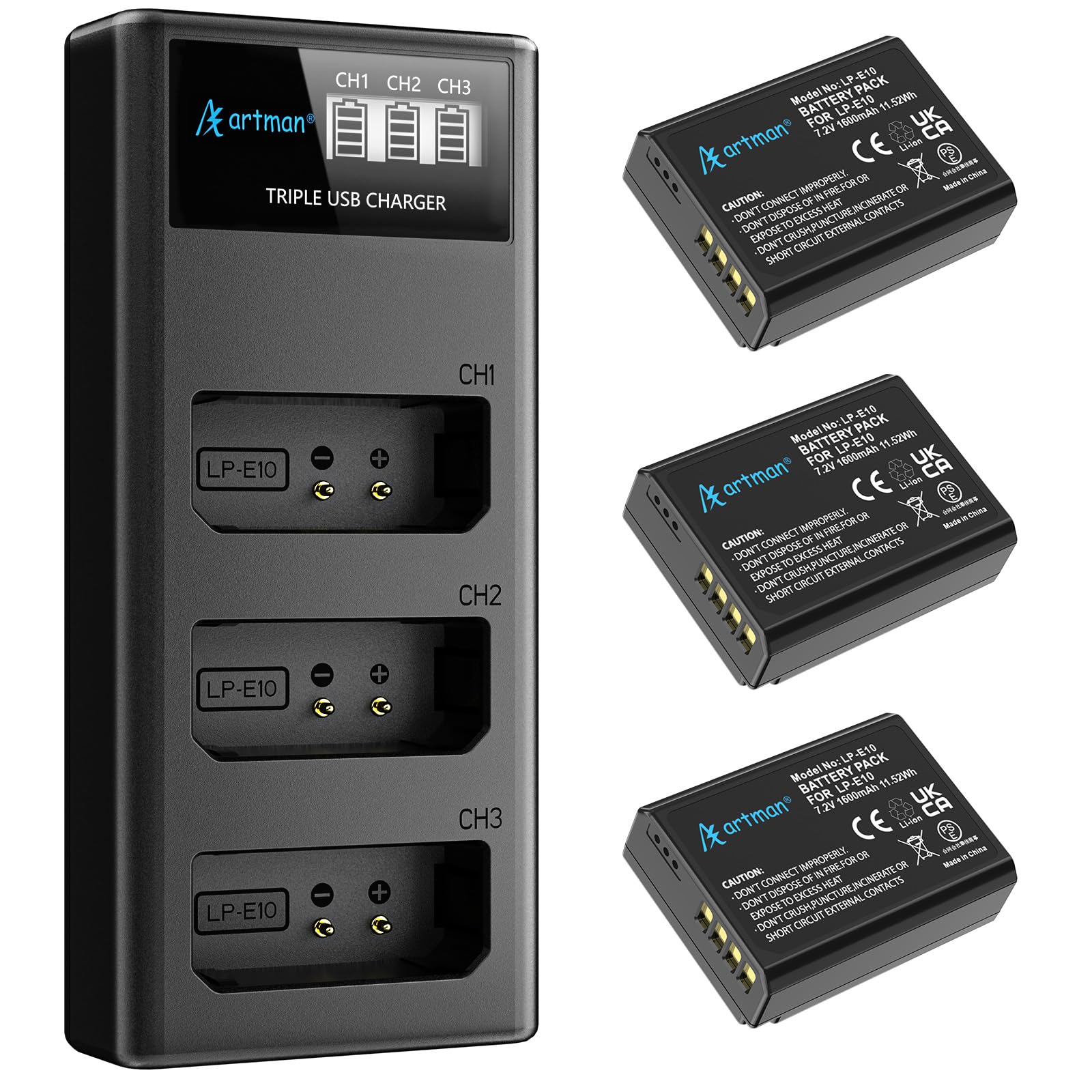 Artman LP-E10 Battery 3-Pack 1600mAh and 3-Slot LCD Charger for Canon LP E10, EOS Rebel T7 T6 T5 T3 T100, Kiss X50 X70 X70 X80 X90, EOS 1100D 1200D 1300D 1500D 2000D 3000D 4000D Digital Cameras