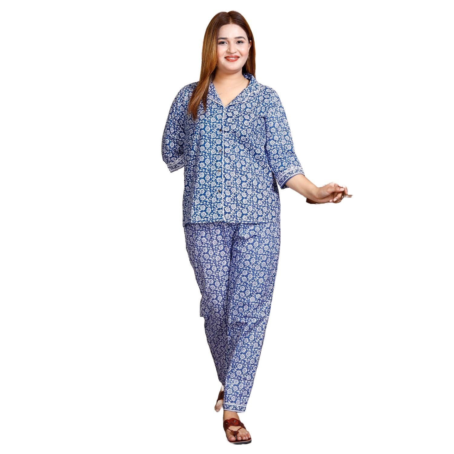 Jaipzz Cotton Printed Night Suit for Women's Shirt and Pyjama Sleep wear Set for Womens and Girls (Blue, L)-image-48