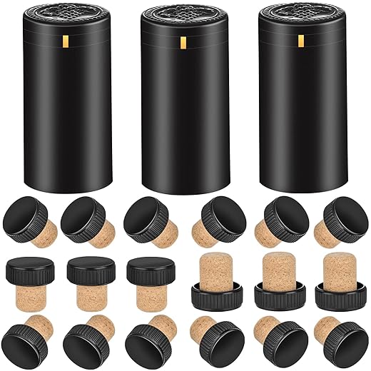PVC heat shrink capsules 40 count matte black and 40 Pcs bottle seal cork, wine shrink wrap sleeves caps tops wine bottle corks capsules for making cellars and home use