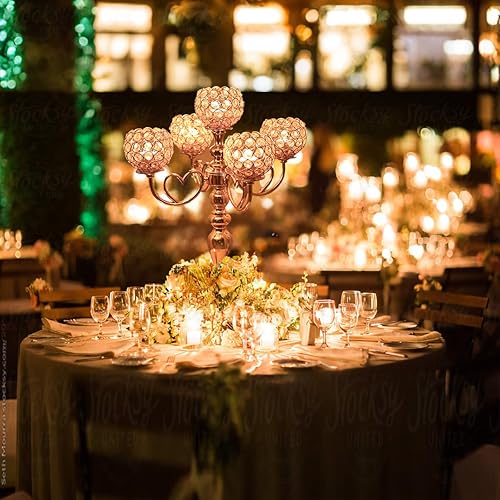 Miniatura 4 de Juego de 8 candelabros dorados de 5 brazos para boda, 21 pulgadas de alto, centros de mesa de cristal para mesas, hogar, aniversario, cena, fiesta,