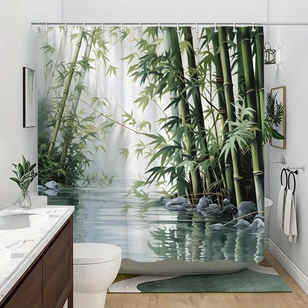 Generico Tenda Doccia con Motivo Foresta di Bambù, per Un Tocco Fresco e Naturale Al Tuo Bagno. Antimuffa, Resistente Alla Muffa, 100% Poliestere, Verde. 180 Cm X 200 Cm (1 Pannello).