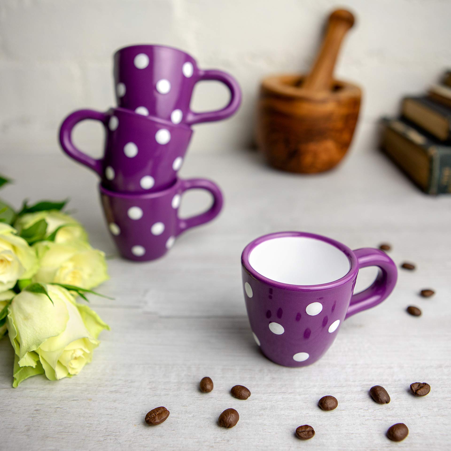 4 Tasses Expresso Céramique 60ml - Avec Anse En Bois, Pour Café Et Thé - 8