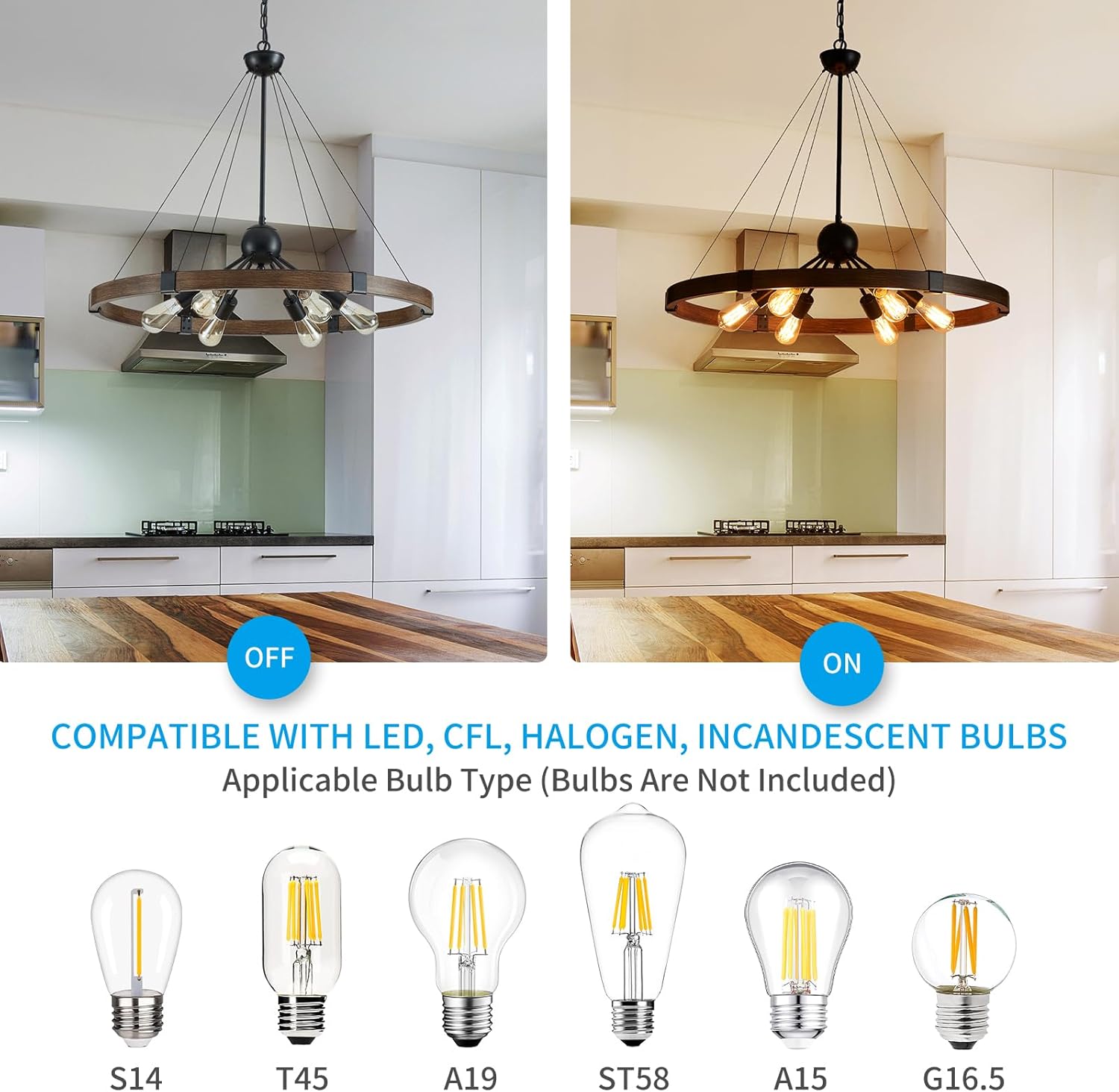 XINGQI 31.5" Wagon Wheel Chandeliers Large Modern Farmhouse Light Fixture, Black & Wood Grain Finish 6-Light for Dining Room Living Room Office