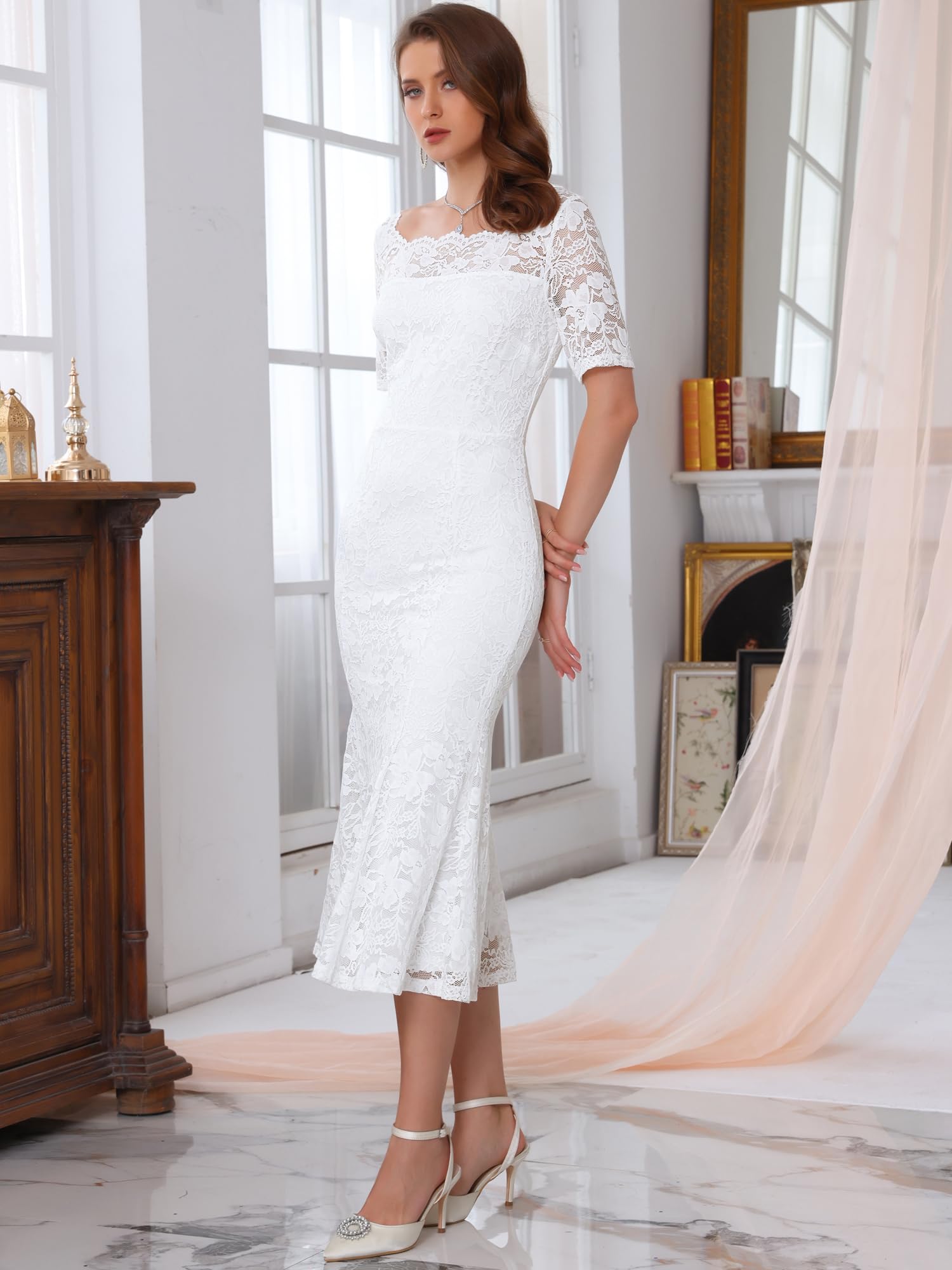 Femme Robe Dentelle Sirène Épaules Nues Soirée Mariage | Coupe Ajustée Ourlet Sirène Parfait pour Cocktail et Banquet Silhouette Flatteuse
