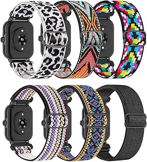 6 Pack Stretchy Nylon Bands Compatible with Amazfit GTS /GTS 2/ GTS 2 Mini/ GTS 2e / GTS 3/ GTS 4 Mini / GTS 4,20mm Weave Elastic Replacement Watch Strap for Amazfit Bip / Bip U Pro / Bip 3 /3 Pro, Girls Women
