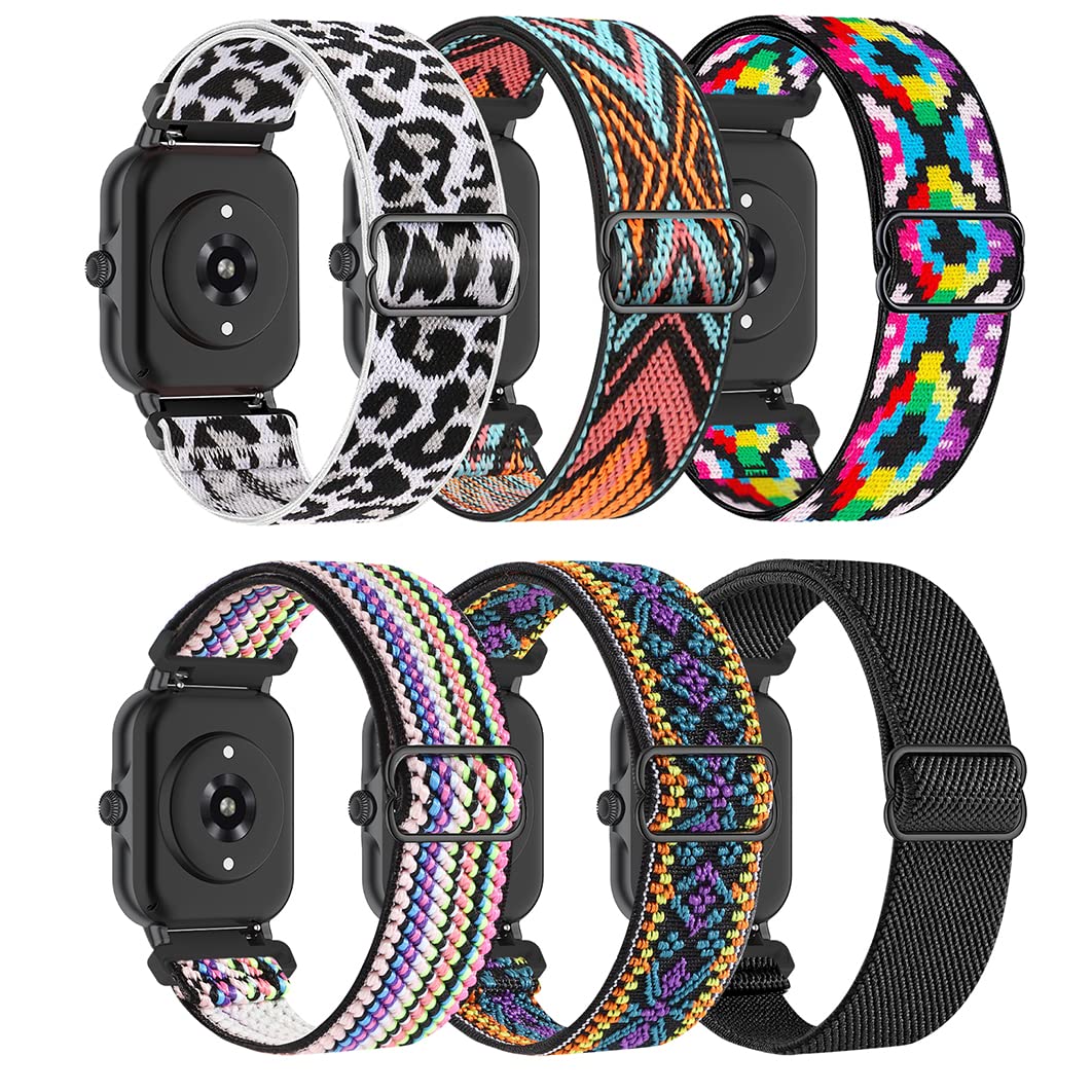 HQzon 6 Pack Stretchy Nylon Bands Compatible with Amazfit Active 2/Active,20mm Soft Fabric Breathable Replacement Sport Strap for Amazfit Bip 3 Pro/