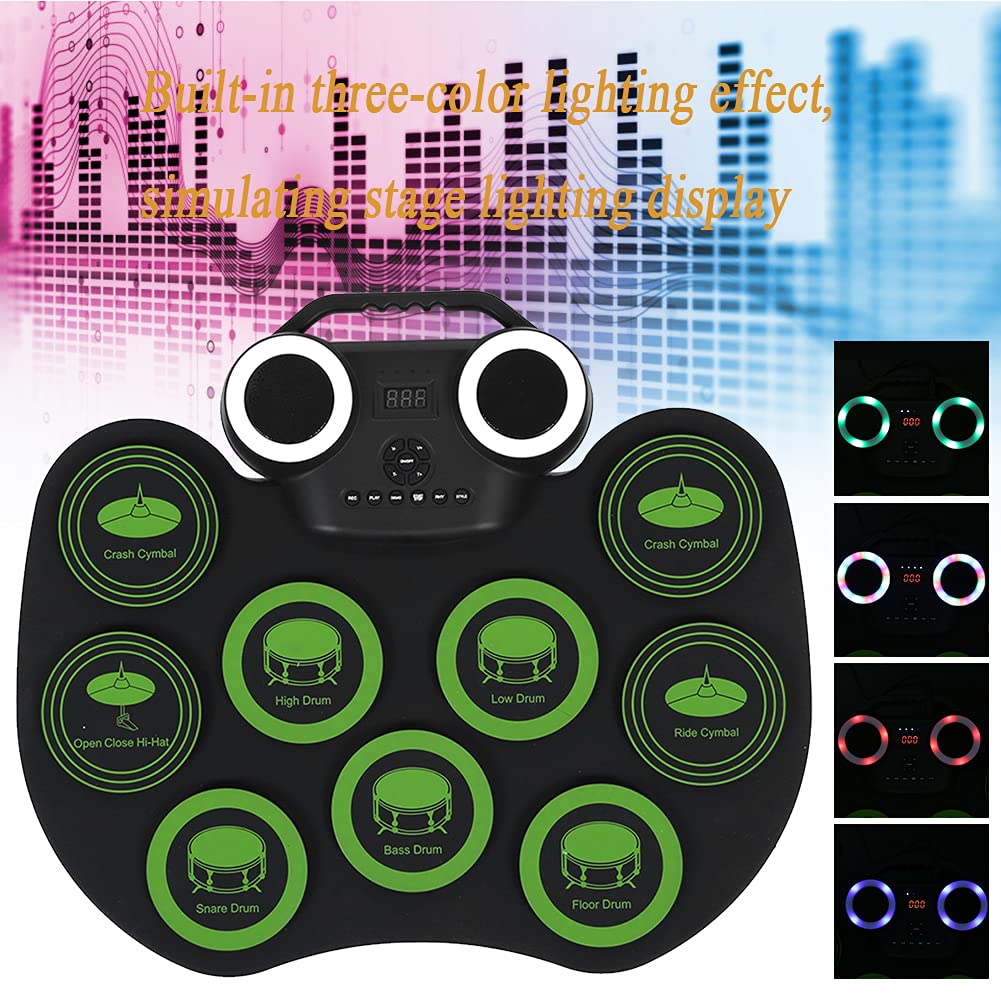 E Set Drum Kit, Kompaktes 9 Pad Bluetooth Schlagzeug mit Dual Lautsprechern, RGB Leuchten, leises Üben für Anfänger zu Hause, ABS Silikon 43,5 x 34 x 4 cm mit Sticks und Pedalen