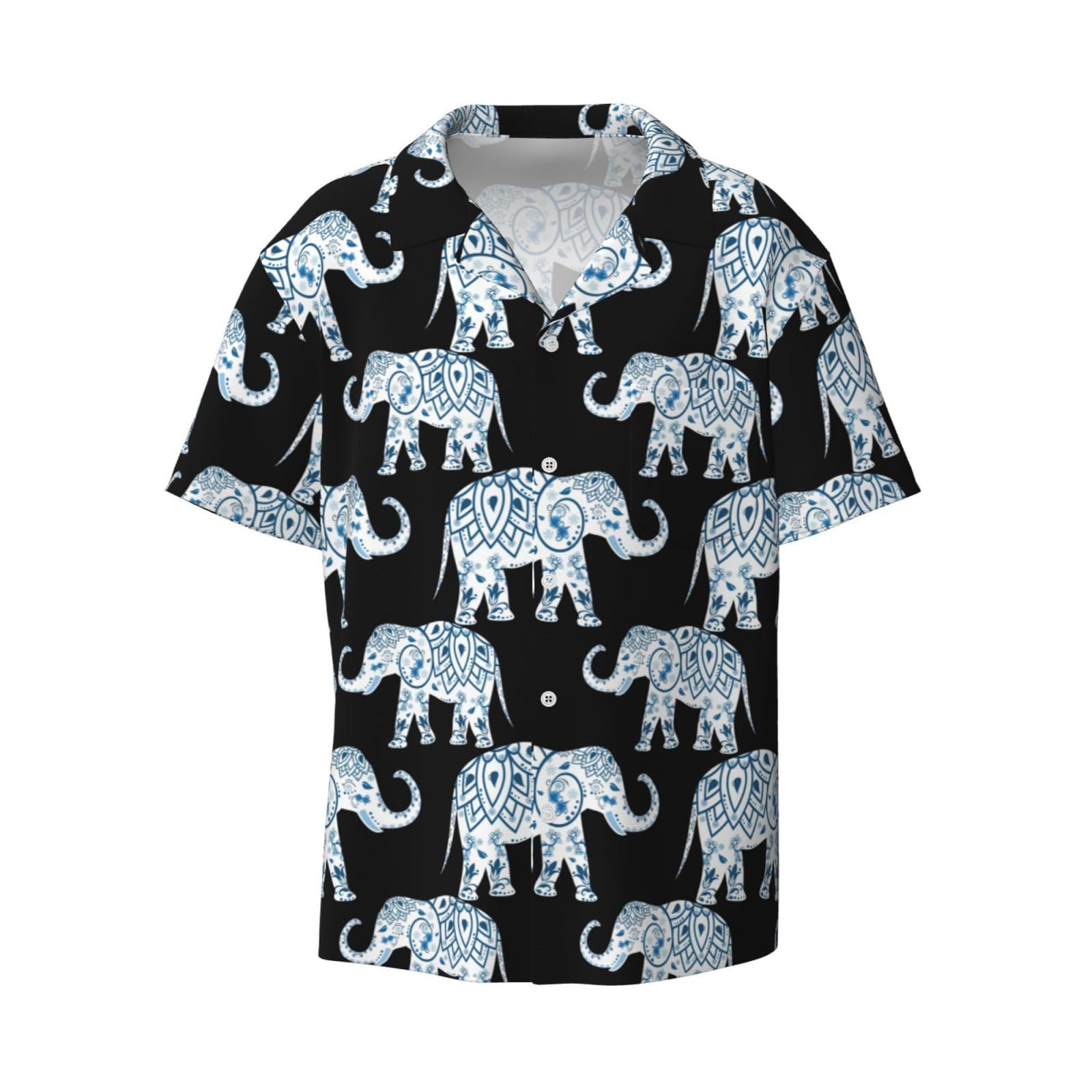 Yyoretp Men's Black Elephant Print Hawaiian Casual Short-Sleeved Shirt For Button Down Holiday Beach Shirt