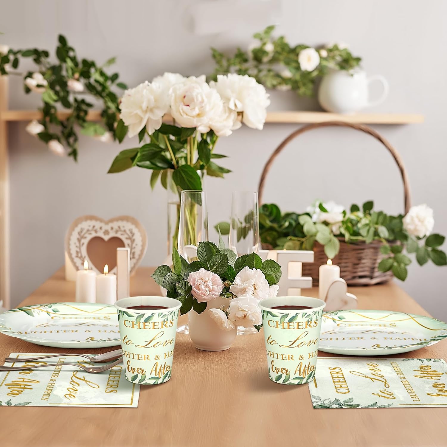 Hushee 200 Pcs Eucalyptus Leaves Bridal Shower Paper Plates Napkins Cups Cheers to Love Party Favors Disposable Sage Green Tableware Set for 50 Guest Wedding Engagement Decoration