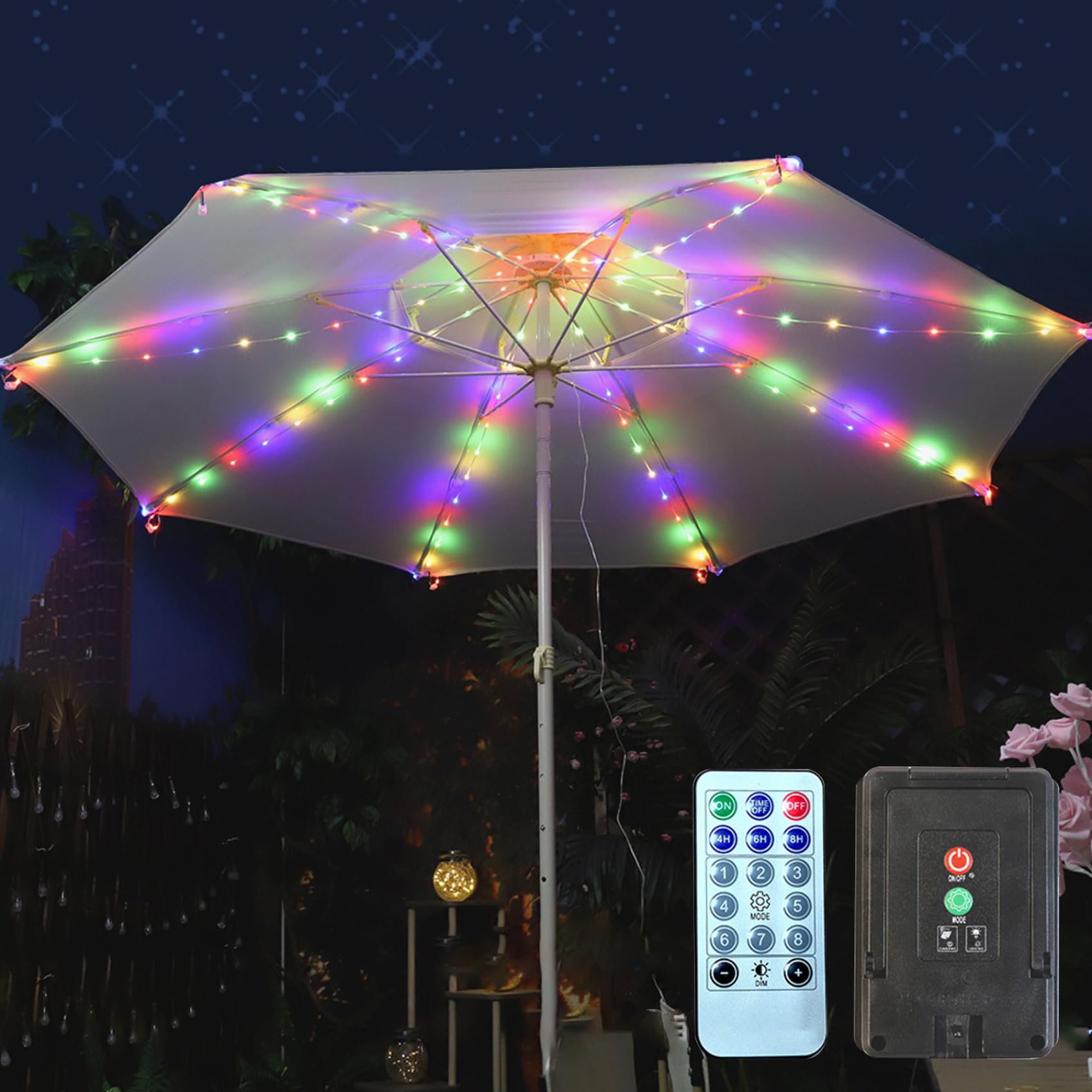 Solar Umbrella Lights 104 LED with Remote Control, Clip On Patio Umbrella Lights 8 Lighting Modes Waterproof Outdoor for Camping Garden Hiking, Colorful Light