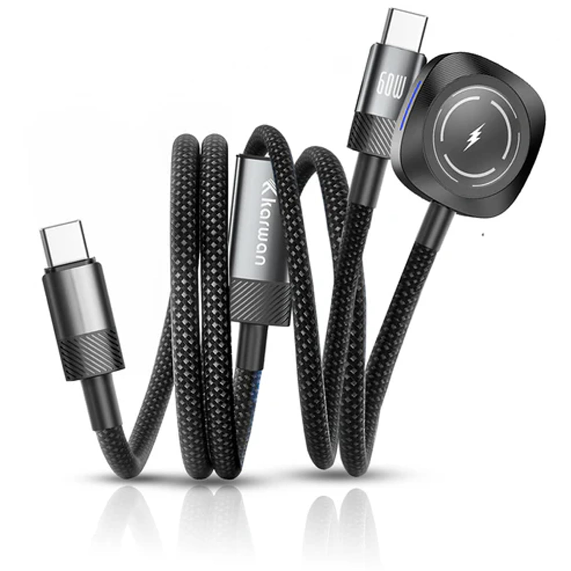 KARWAN®️ 2 in1 USB C to Type C 60W Cable 3A Fast Charging Cord With Smart Watch Charger, 480 Mbps Data Sync, Nylon Braided, For Apple Watch, iPhone 15, SmartPhones and USB C Devices - 1.25 Meter-image-39