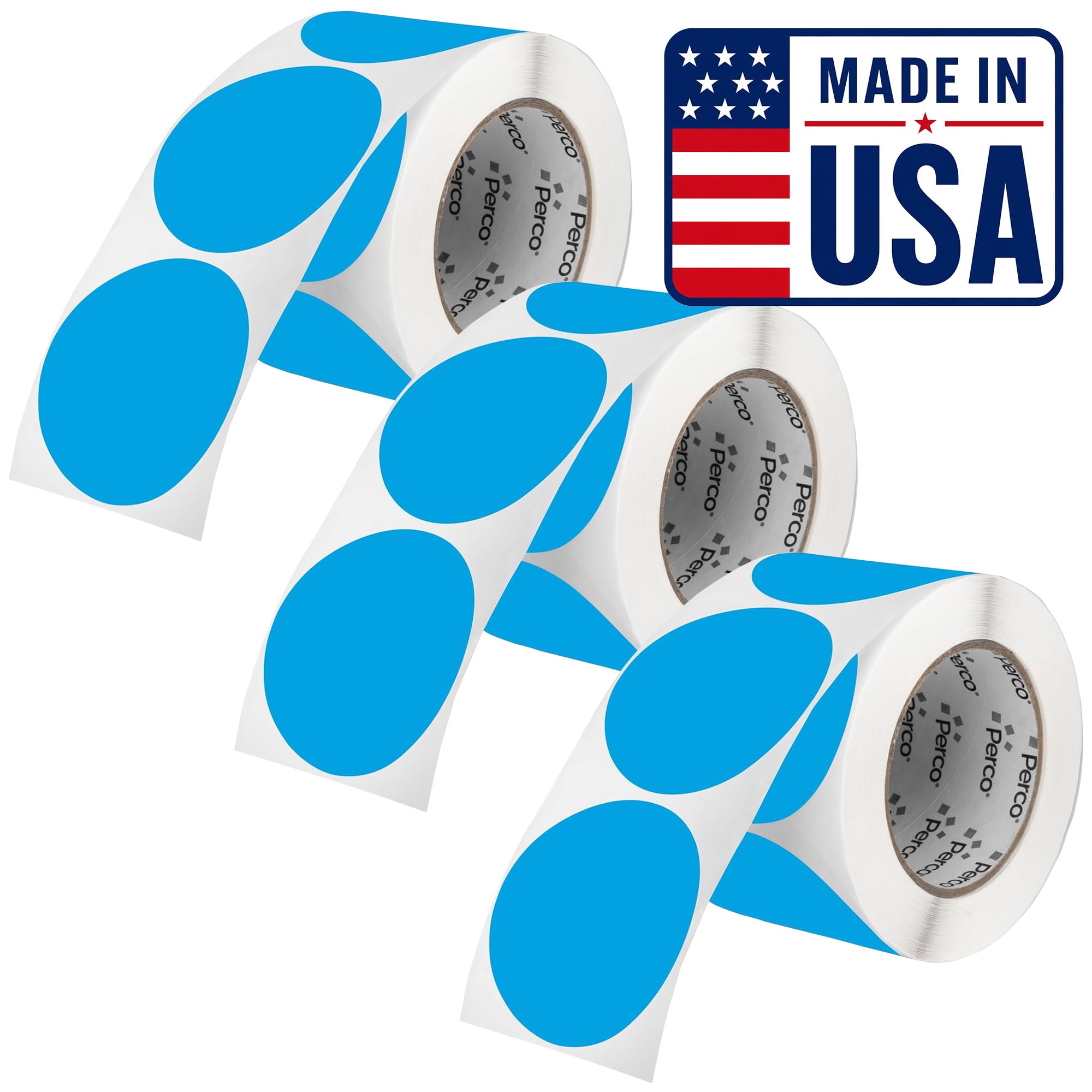 Perco Light Blue Perforated Round Circle Dot Sticker 3-Inch Labels — 3 Rolls, 1,500 Stickers - Product Info Labels, Storage Tags &amp; Clean Signage, Strong Adhesive - Made in USA